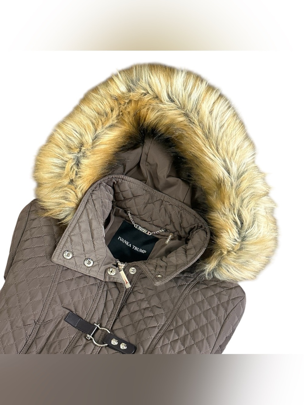 Ivanka Trump Quilted Faux Fur Removable Hood Long Puffer Coat Brown Size Small